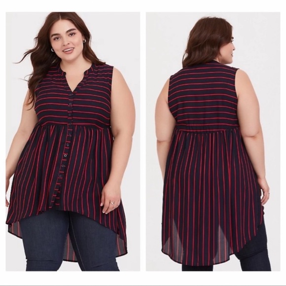 Torrid Lexie Blue & Red Stripe Georgette Tunic Tank High Size 2 - Picture 1 of 15